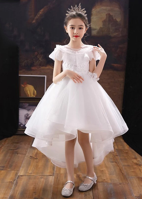 Dinner White O-neck Kids Tulle Party Maxi Dress Summer Xz026
