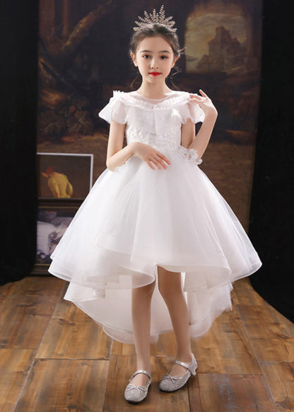 Dinner White O-neck Kids Tulle Party Maxi Dress Summer Xz026