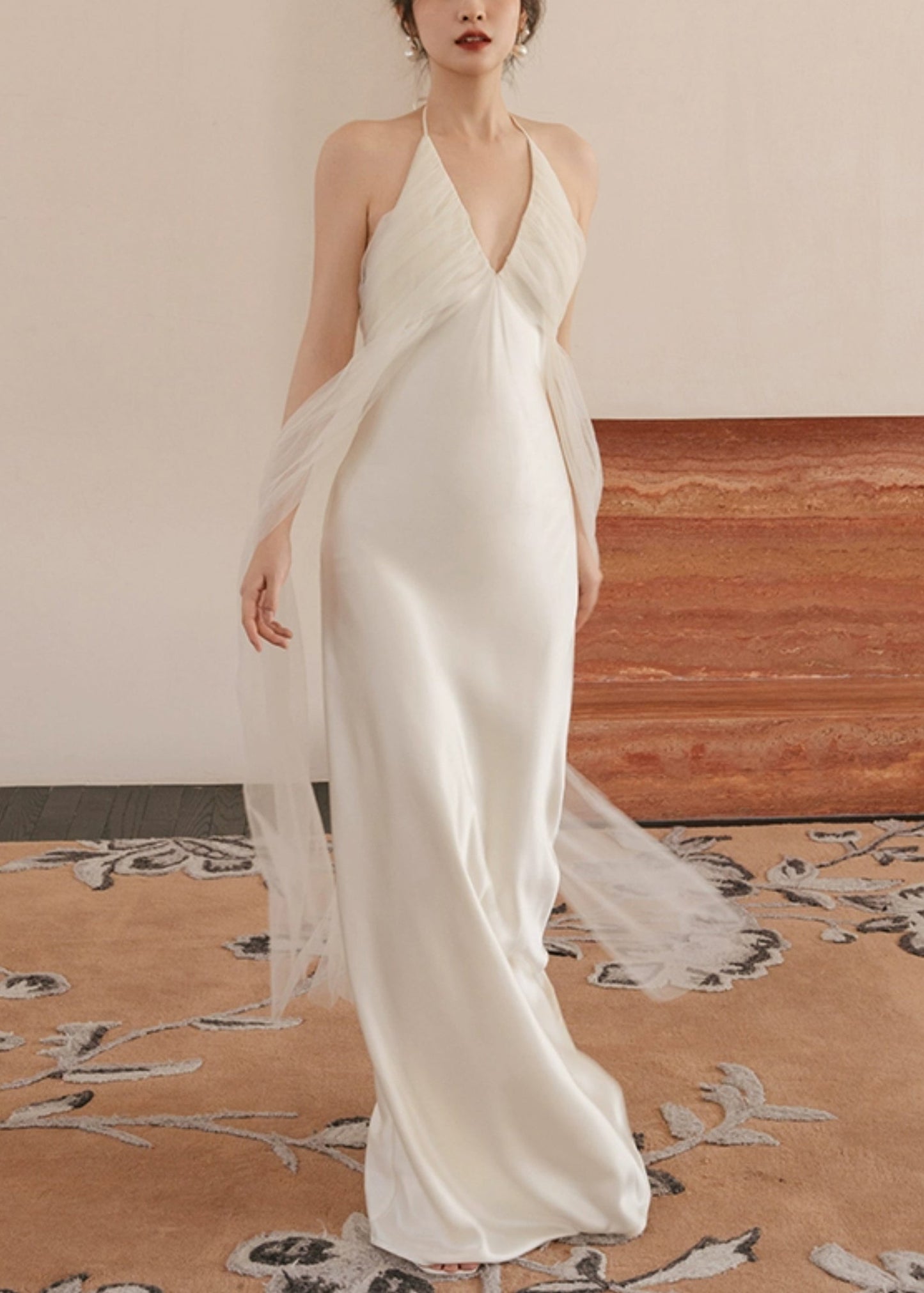 Dinner White V Neck Tulle Patchwork Maxi Dresses Sleeveless Zl057
