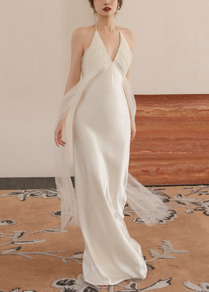 Dinner White V Neck Tulle Patchwork Maxi Dresses Sleeveless Zl057