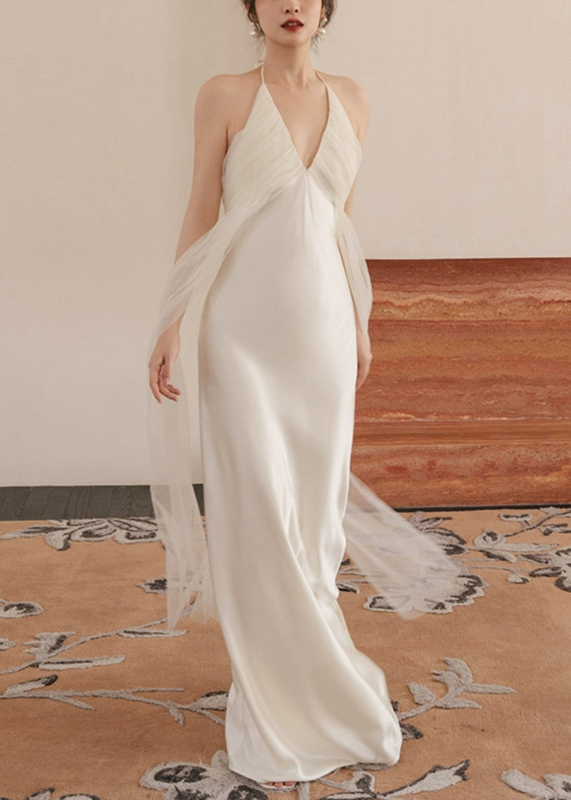 Dinner White V Neck Tulle Patchwork Maxi Dresses Sleeveless Zl057