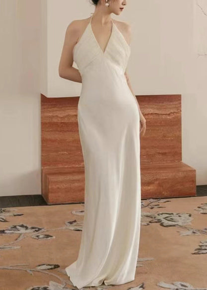 Dinner White V Neck Tulle Patchwork Maxi Dresses Sleeveless Zl057