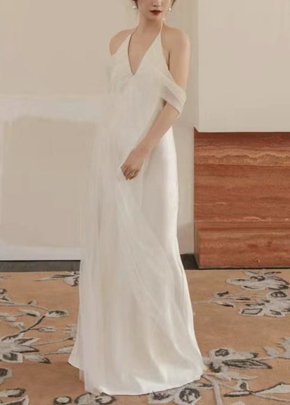 Dinner White V Neck Tulle Patchwork Maxi Dresses Sleeveless Zl057