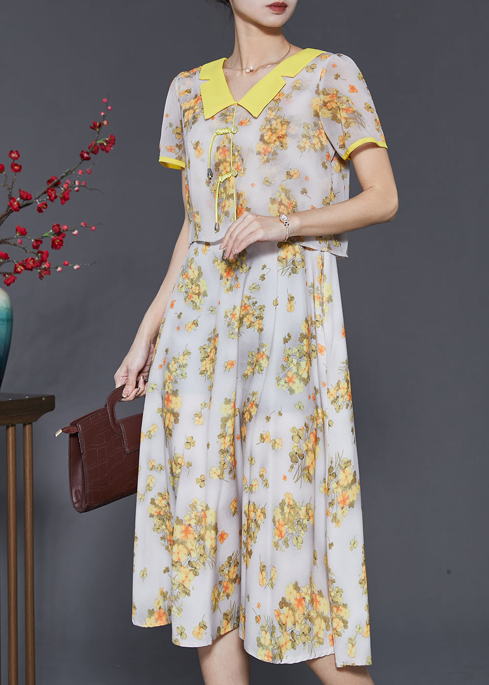 Diy Yellow Tasseled Print Draping Chiffon Long Dress Summer Sd1059