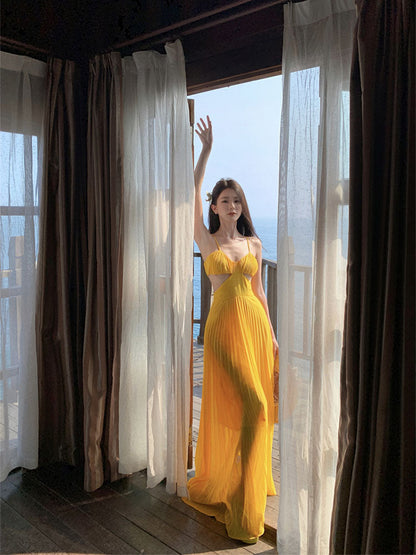 Dopamine Yellow Spaghetti Strap Maxi Dress Backless Vacation Outfit