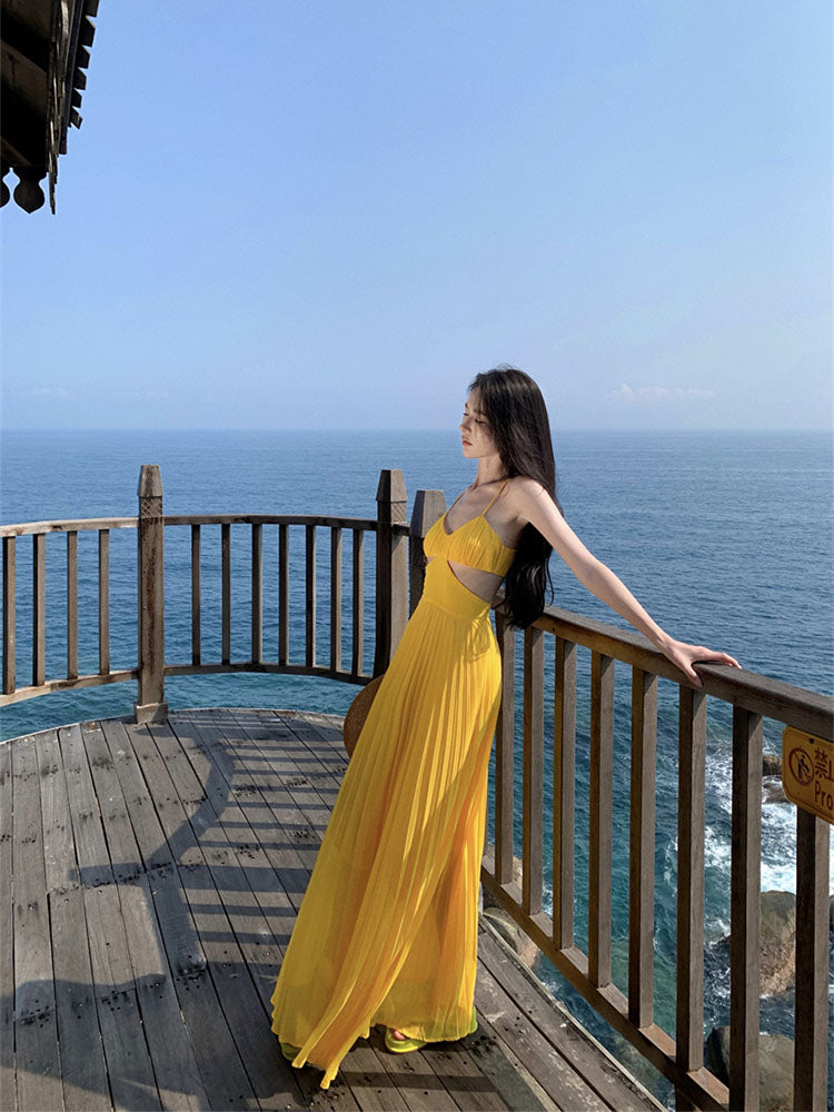 Dopamine Yellow Spaghetti Strap Maxi Dress Backless Vacation Outfit