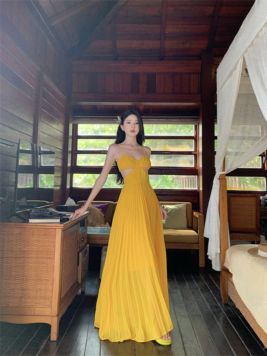 Dopamine Yellow Spaghetti Strap Maxi Dress Backless Vacation Outfit