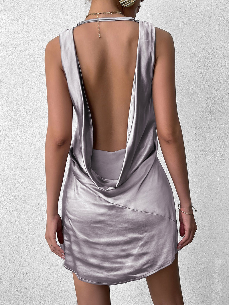 Draped Backless V-neck Satin Mini Dress