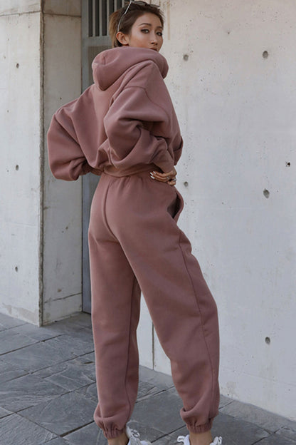 Drawstring Hoodie Crop Top & Jogger Pants