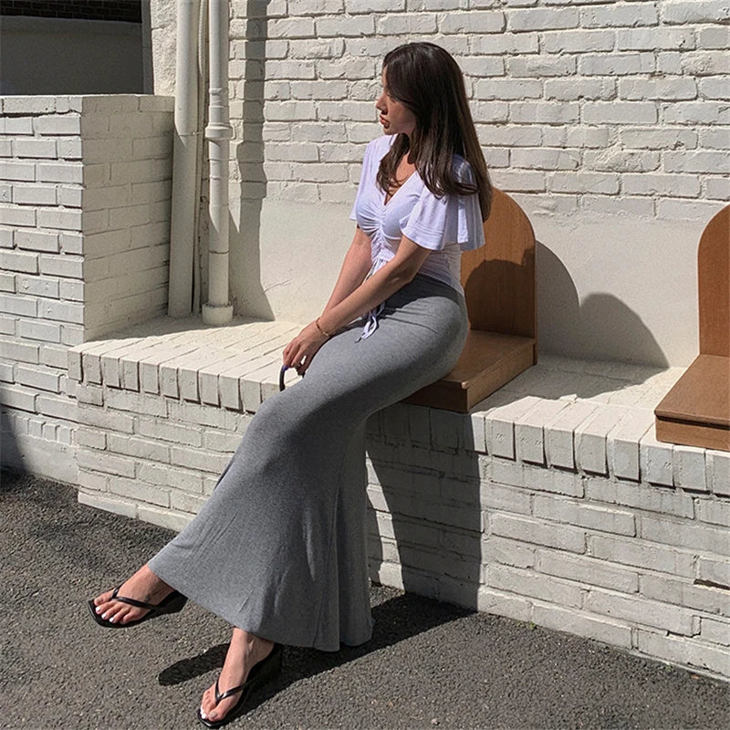 Drawstring Orange High Waist Maxi Tight Skirt