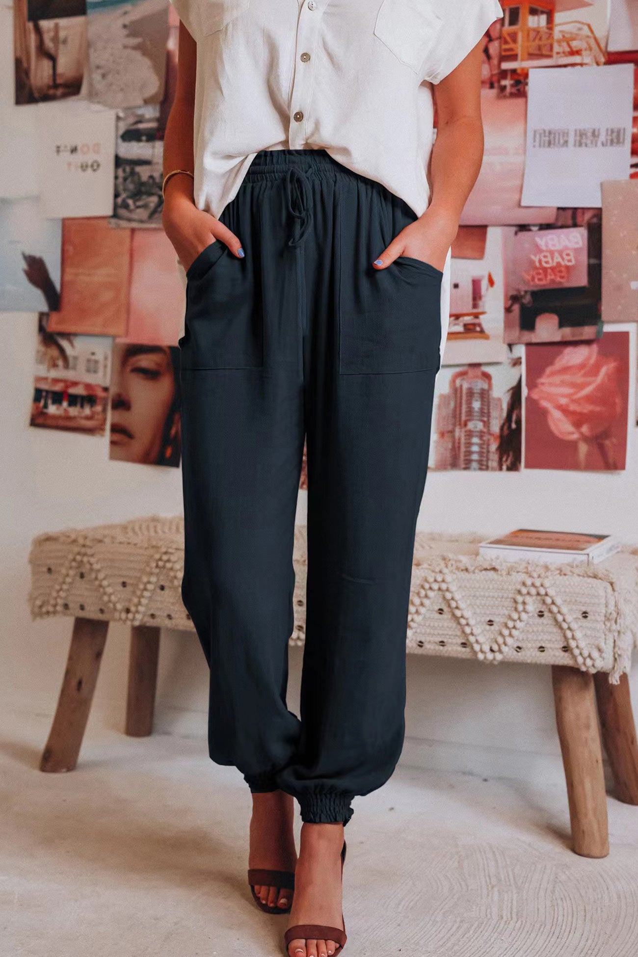 Drawstring Color Loose Long Pants