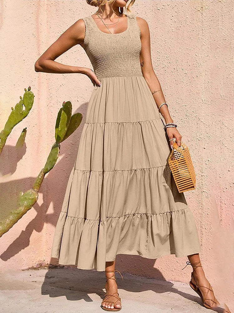 Dresses for Summer Sleeveless Color Long Dress Elastic Waist Beach Party Big Swing