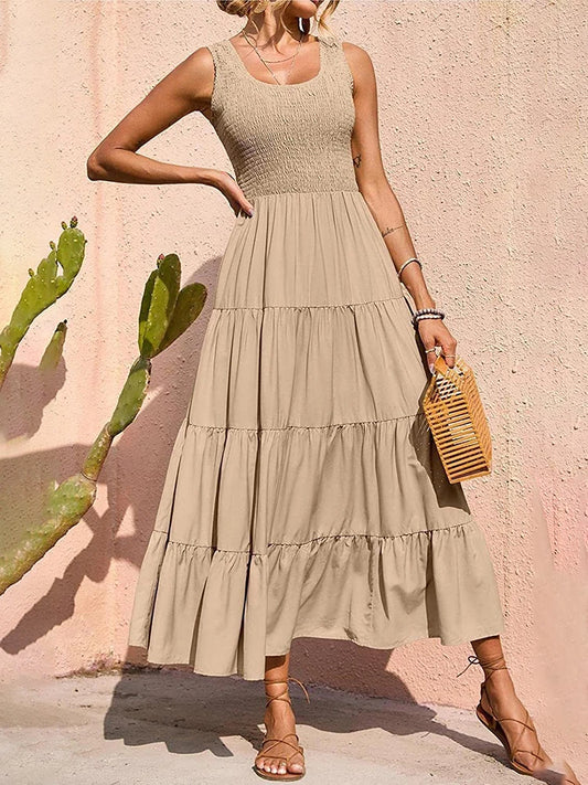 Dresses for Summer Sleeveless Color Long Dress Elastic Waist Beach Party Big Swing