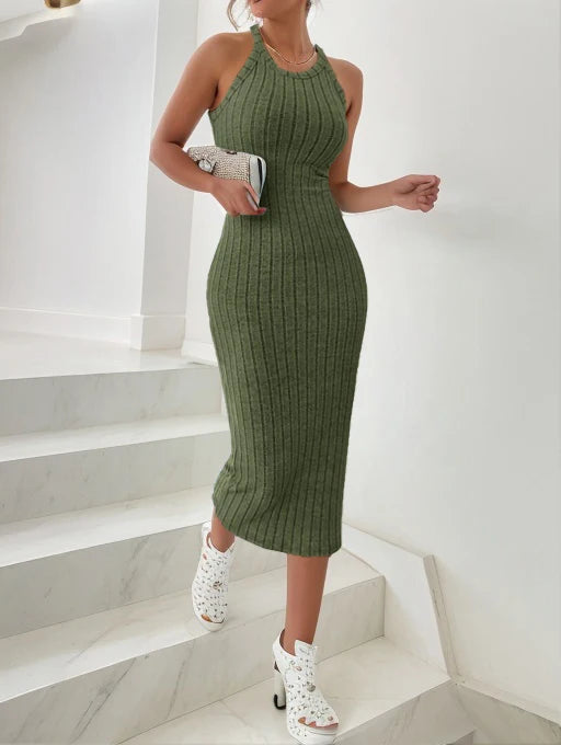 Es Halter Bodycon Ribbed Knit Midi Dresses