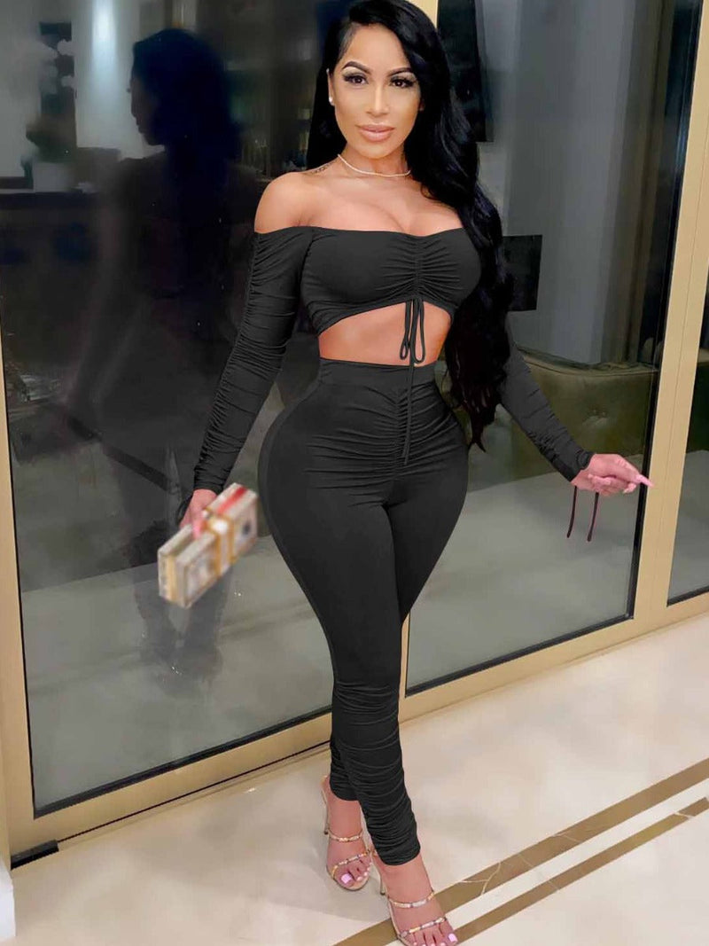Off the Shoulder Ruched Drawstring Pants Set At8048