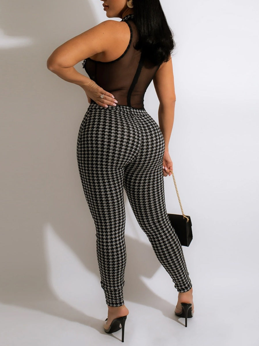 Sxy Houndstooth See Through Jumpsuit At8045