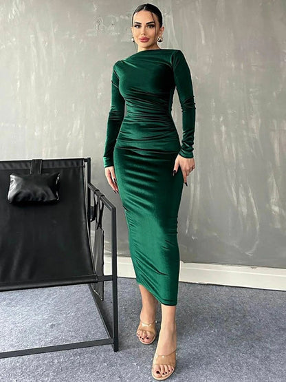 Velvet Long Sleeve Midi Dress - Party Clothes for Christmas Party