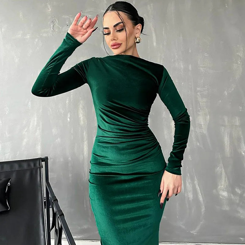 Velvet Long Sleeve Midi Dress - Party Clothes for Christmas Party