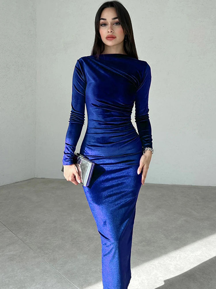 Velvet Long Sleeve Midi Dress - Party Clothes for Christmas Party
