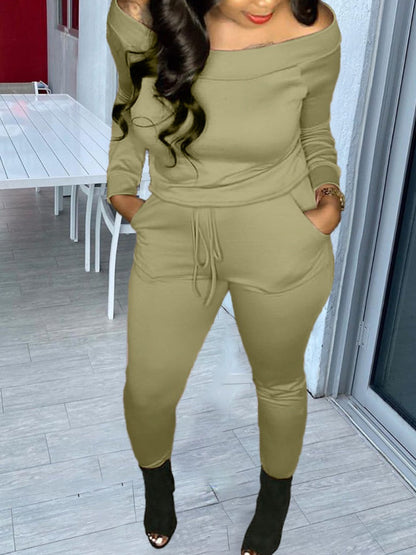 Drawstring Pocket Design Color Skinny Two-piece Pants Set At9031