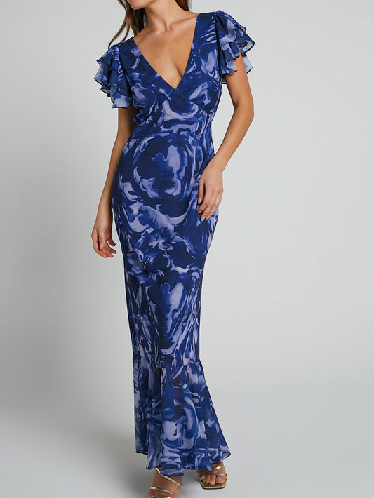 V Neck Flutter Sleeve Maxi Dress in Navy Swirl