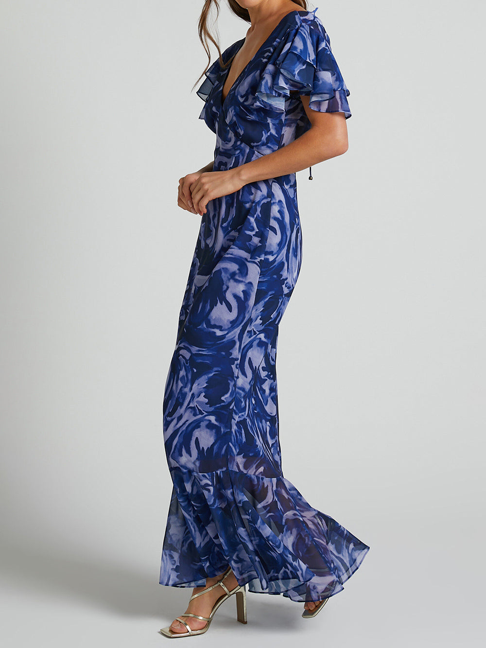 Blue-swirl V-neck Flutter-sleeve Maxi Dress