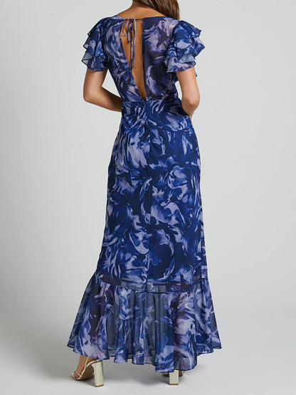 Blue-swirl V-neck Flutter-sleeve Maxi Dress