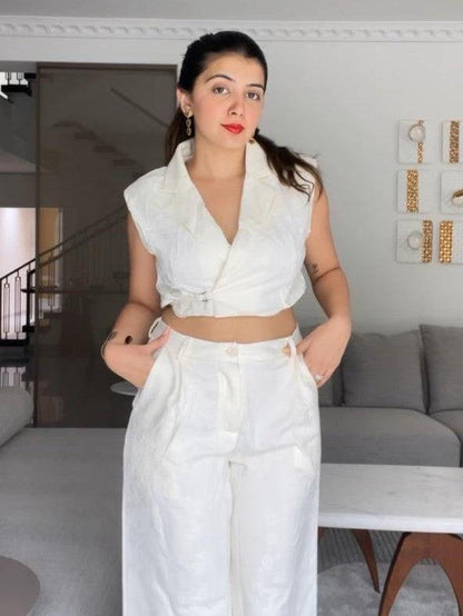 Jacquard Crop Waist Coat & Pants Coord Set