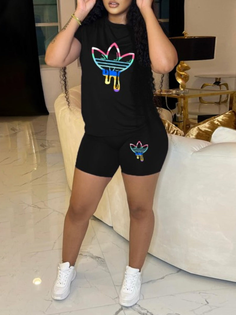 Round Neck Letter Print Shorts Set Ar70133