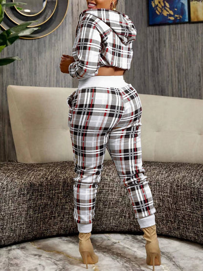 Crop Top Plaid Print Drawstring Pants Set At9068