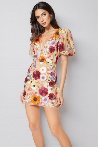 Brea V-neck 3d Printed Mini Dress