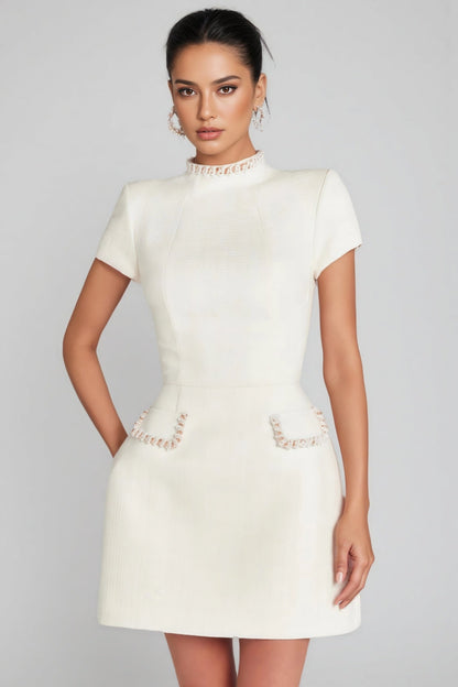 Adela White Beaded Chambray Mini Dress