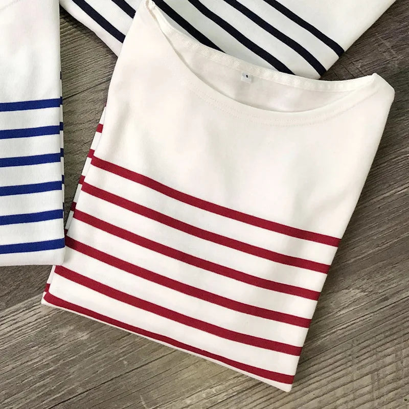 Long Sleeve Striped Combed Cotton T-shirt for