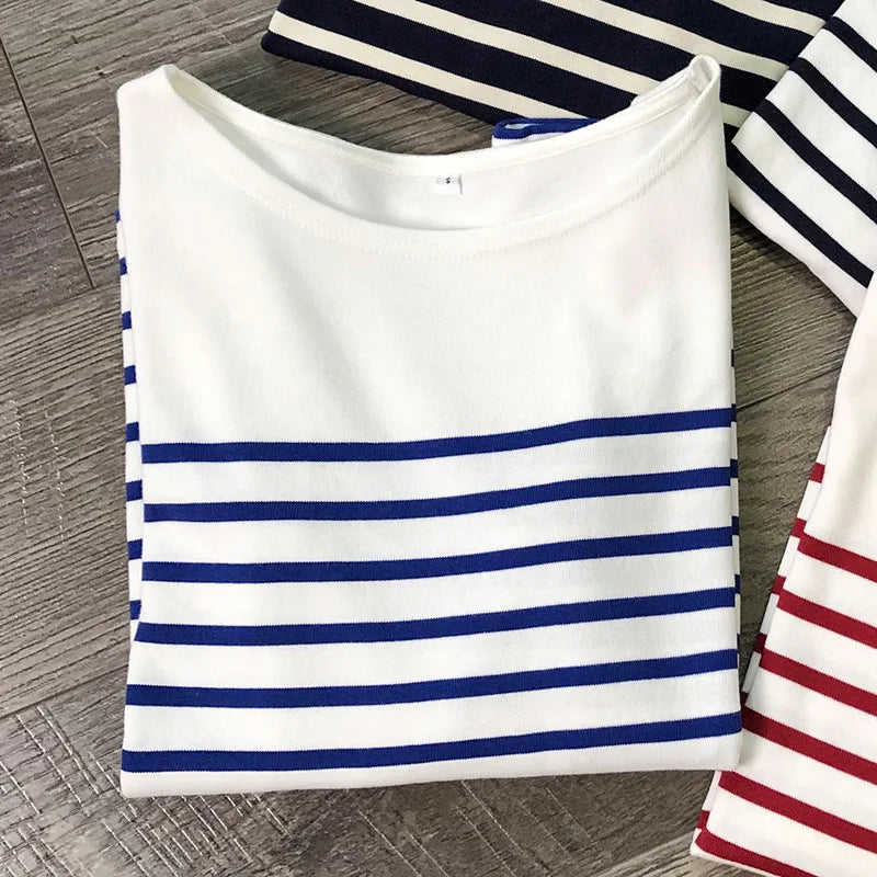 Long Sleeve Striped Combed Cotton T-shirt for