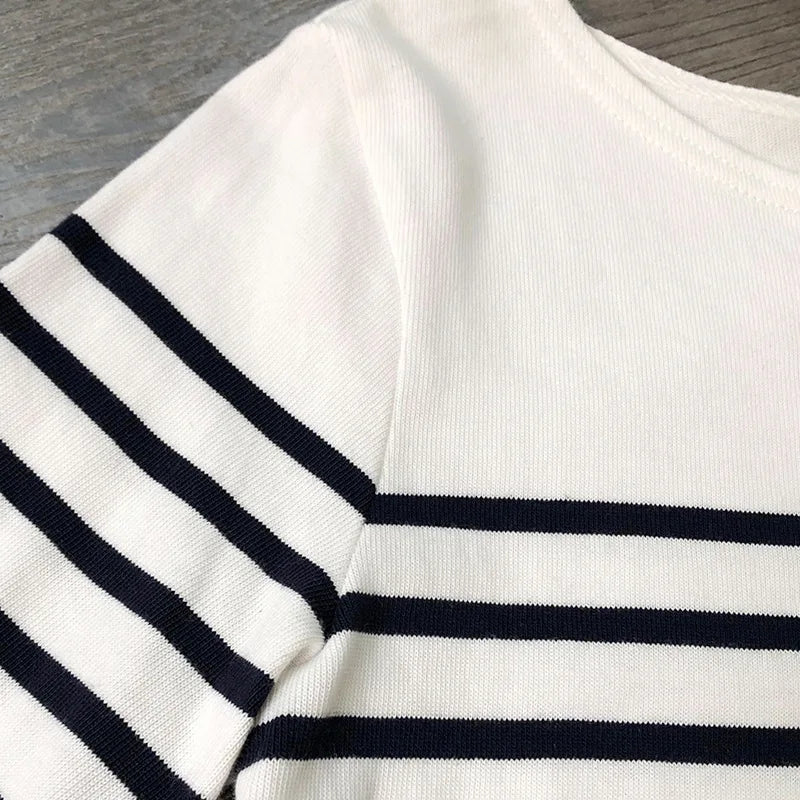 Long Sleeve Striped Combed Cotton T-shirt for