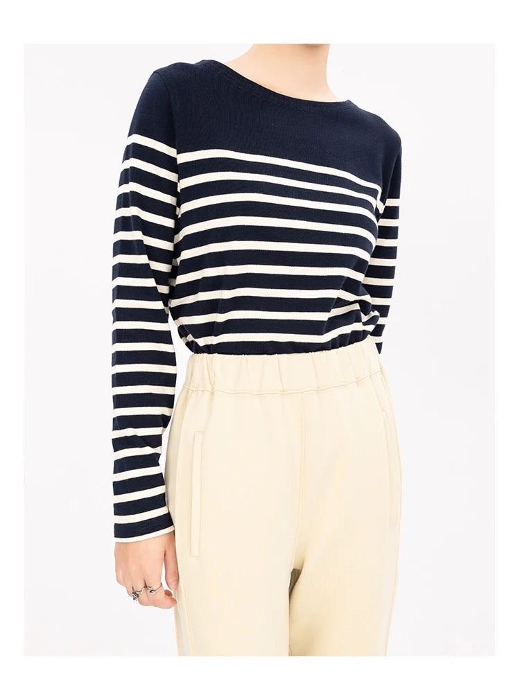 Long Sleeve Striped Combed Cotton T-shirt for
