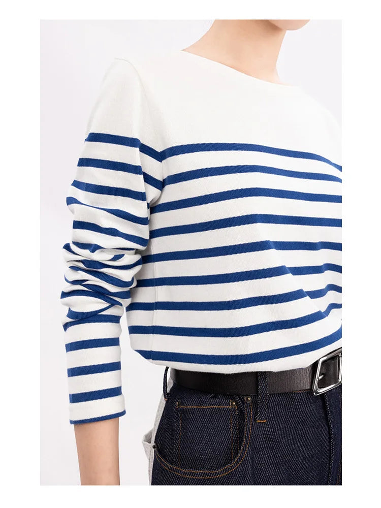 Long Sleeve Striped Combed Cotton T-shirt for