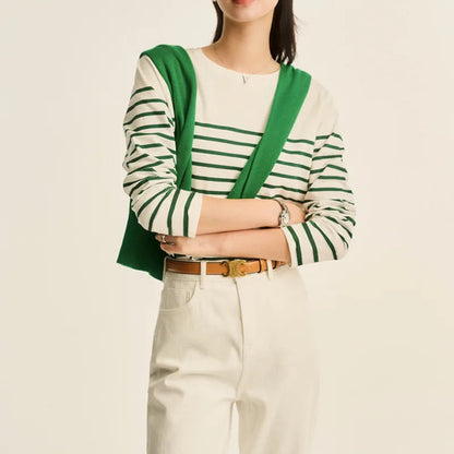 Long Sleeve Striped Combed Cotton T-shirt for