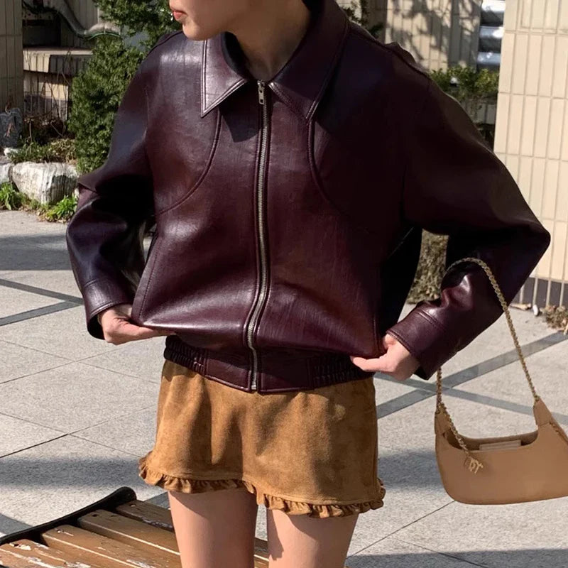 Red Zipper Pu Leather Coat
