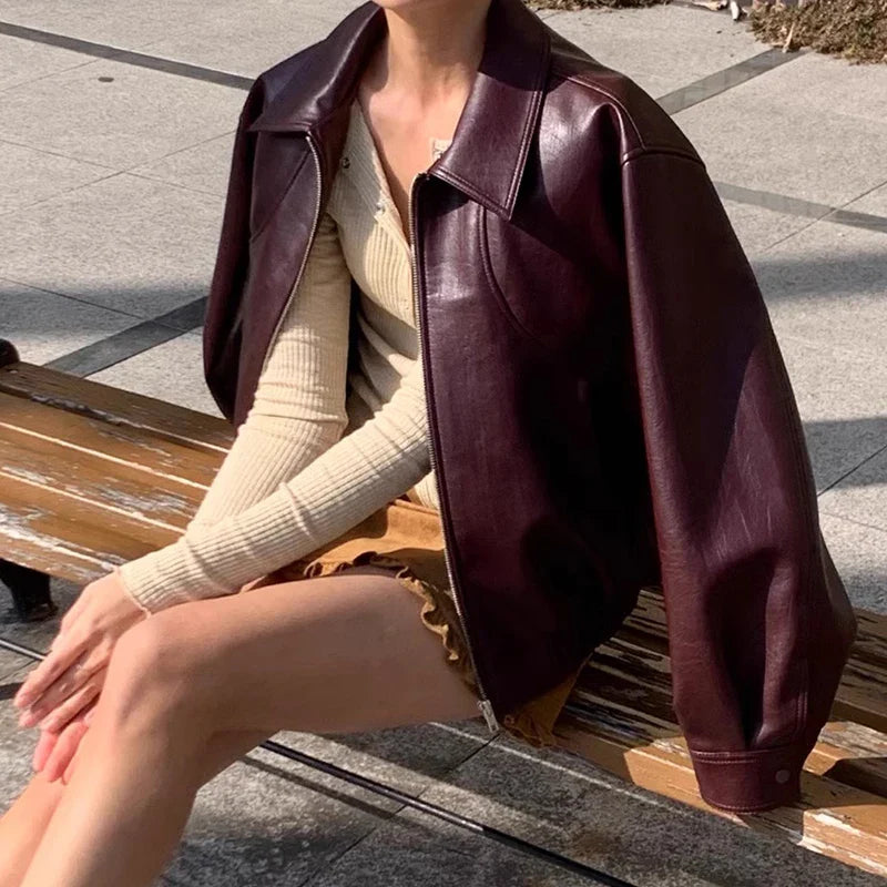 Red Zipper Pu Leather Coat