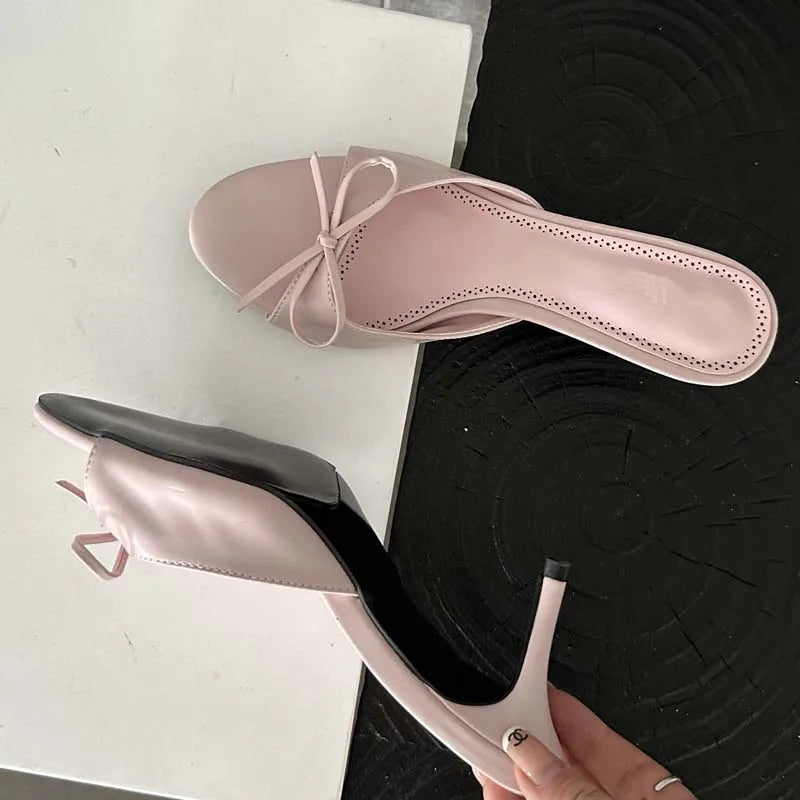 New Arrivals Summer Pink Butterfly-knot Slippers Stripper Thin Mules Slides Shoes Low Heel Pumps