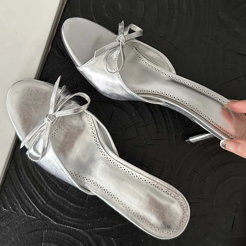 New Arrivals Summer Pink Butterfly-knot Slippers Stripper Thin Mules Slides Shoes Low Heel Pumps