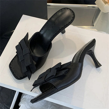 New Arrivals Slipper Bow-knot Thin Open Toe Slip on Sandal Mules Slides Shoes Low Heel Pumps