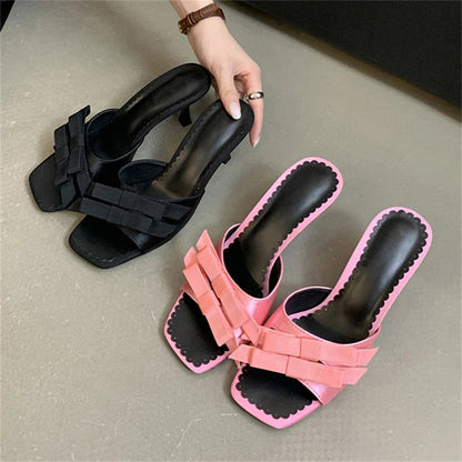 New Arrivals Slipper Bow-knot Thin Open Toe Slip on Sandal Mules Slides Shoes Low Heel Pumps