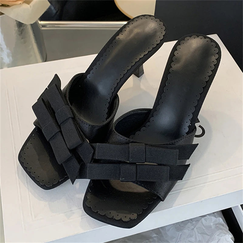 New Arrivals Slipper Bow-knot Thin Open Toe Slip on Sandal Mules Slides Shoes Low Heel Pumps