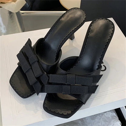 New Arrivals Slipper Bow-knot Thin Open Toe Slip on Sandal Mules Slides Shoes Low Heel Pumps