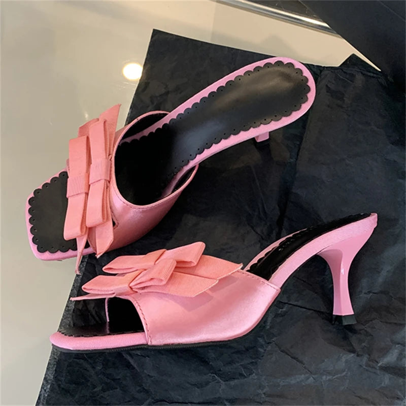 New Arrivals Slipper Bow-knot Thin Open Toe Slip on Sandal Mules Slides Shoes Low Heel Pumps