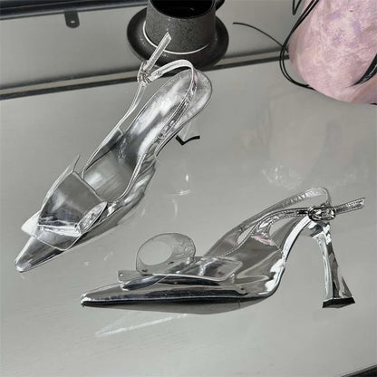 New Design Splicing Rivet Buckle Strap Thin High Pointed Toe Stripper Party Shoes Low Heel Pumps