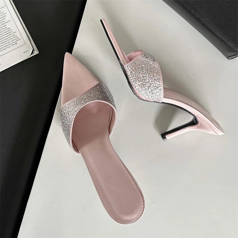 New Summer Silk Slippers Thin Mules Beach Slides Shoes Low Heel Pumps
