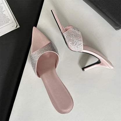 New Summer Silk Slippers Thin Mules Beach Slides Shoes Low Heel Pumps